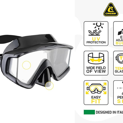 Cressi Liberty Triside Snorkel Mask - Panoramic 3-Glass Vision Diving Mask - Unisex Adult - One Size, Black/Sapphire
