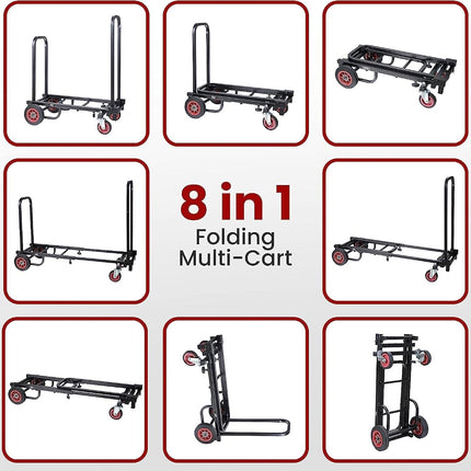 Pyle Heavy Duty Folding Equipment Trolley – 8-in-1 Convertible Hand Truck, Dolly & Platform Cart for Gear & Equipment Transport, Adjustable 64cm to 102cm