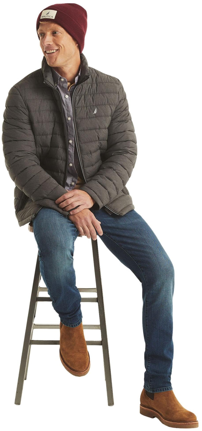 Nautica Men's Reversible Quilted Puffer Jacket –Midweight Mechanical Stretch Winter Coat, Charcoal Grey Heather, XXL
