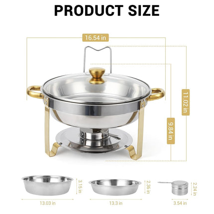 Chafing Dishes for Buffet Set of 2, 5QT Stainless Steel Buffet Serves and Warmers, Round Catering Food Warmers with Glass Lid & Lid Holder for Parties Gatherings Events Wedding Banquet, Gold