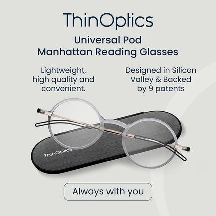 ThinOptics Reading Glasses 1.00, Clear Frame, 4mm Case, for Men and Women