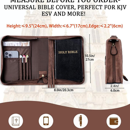 Vegan Leather Bible Cover for Men & Women, Bible Case with Gift Box, Christian Catholic Religious Bible Gifts（Brown