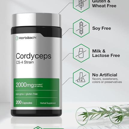 Cordyceps Capsules | 2000mg | 200 Count | Non-GMO Mushroom Supplement | Cordyceps Sinesis | by Horbaach