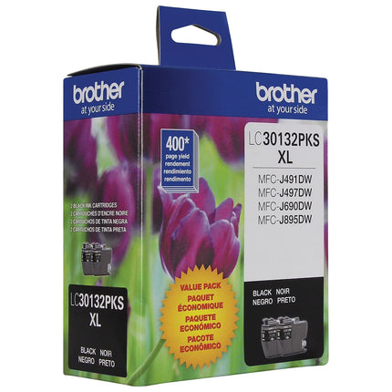 BROTHER Genuine LC30132PKS Paquete de 2 cartuchos de tinta negra de alto rendimiento, rendimiento de hasta 400 páginas por cartucho, LC3013