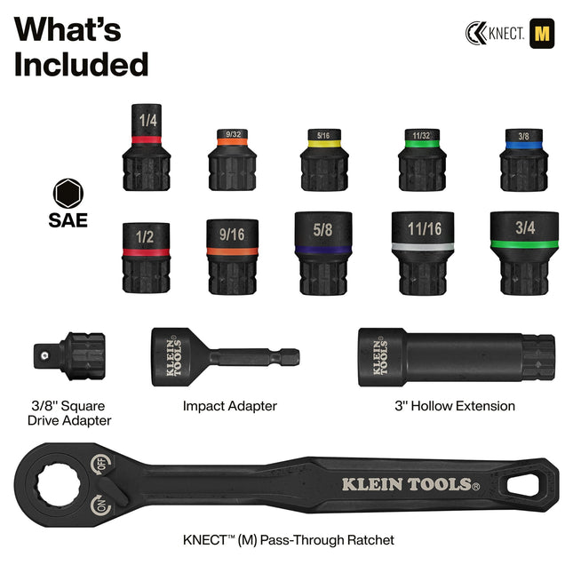 Klein Tools 65400 KNECT 15-Piece Impact Rated Pass Through Socket Set with MODbox Case, Sockets, Bits, Accessories and 3/8-Inch Drive Adapter