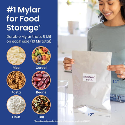 Wallaby 1-Gallon Mylar Bag Bundle - 30 (5 Mil - 10 cm x 14 cm) Bags, 400cc Oxygen Absorbers, Labels - Heat Sealable, Food Safe, Reliable Long Term-Food Storage Solutions - Silver