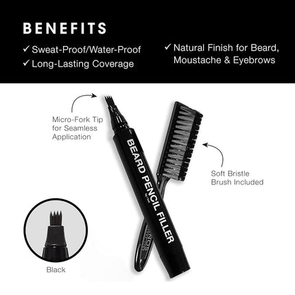 Pacinos Beard Pencil Filler - Water Proof, Long Lasting Coverage & Natural Finish - Beard, Moustache & Eyebrows - Micro-Fork Tip for Seamless Application - Includes Bristle Brush for Blending (Black)