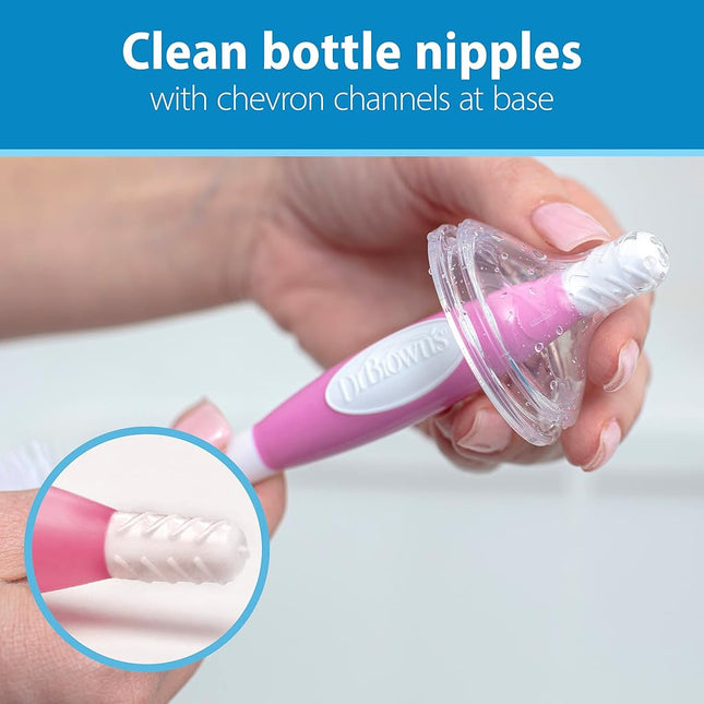 Dr. Brown's Reusable Sponge Baby Cleaning Set with Suction Cup Stand, Scrubber and Nipple Cleaner, 3 Pack, 3-Pack, Pink Bottle Brush, Pack of 3
