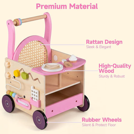 OLAKIDS Wooden Baby Walker, Activity Center Push Walking Toy with Wheels, Montessori Rattan Doll Stroller for Boys Girls Babies 12-36 Months