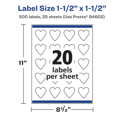 Avery Matte White Heart Labels with Sure Feed, 1.5" x 1.5", 500 Matte White Printable Labels