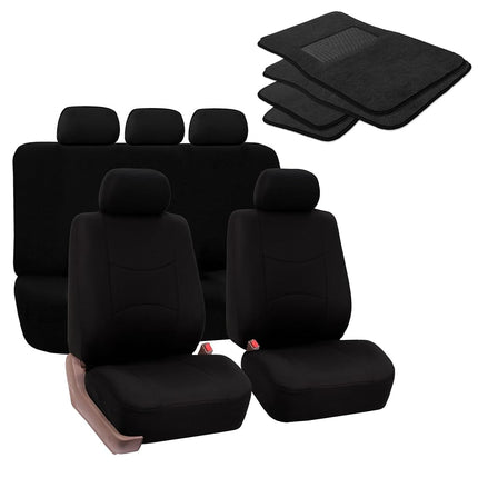 FH GROUP FH-FB050115 + F14403 Full Set Flat Cloth Car Seat Covers with Premium Carpet Floor Mats, Solid Black- Fit Most Car, Truck, Suv, or Van