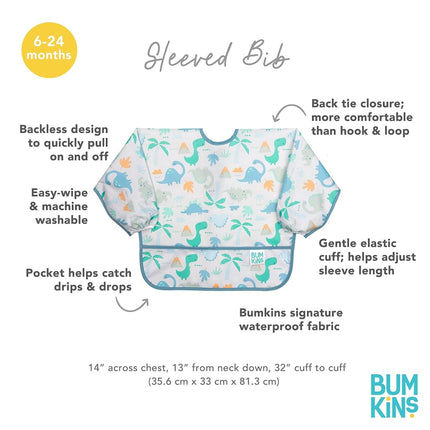 Bumkins Sleeved Bib, Handy Tie Closure for Custom Fit, Catch-All Pocket, Baby-Led Weaning, Waterproof, Machine Washable, Stain & Odour Resistant, BPA Free, 6-24 Months, Dinosaur Design