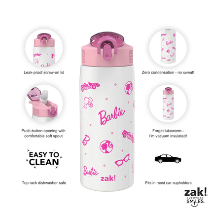 Zak Designs Barbie Botella de agua para viajes y el hogar, 560 ml, acero inoxidable con aislamiento al vacío, con tapa de boquilla de cierre, asa de transporte incorporada, diseño a prueba de fugas (Barbie)