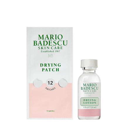 Mario Badescu Kit antimanchas AM/PM, incluye loción secante para el tratamiento de manchas con ácido salicílico y azufre, 1 fl oz Y parches secantes para cubrir granos, tratamiento invisible para manchas, 12 parches