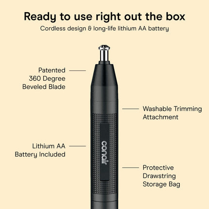 ConairMan Ear and Nose Hair Trimmer for Men, Cordless Lithium-Powered Trimmer, Patent 360 Bevel Blade for No Pull, No Snag Trimming Experience