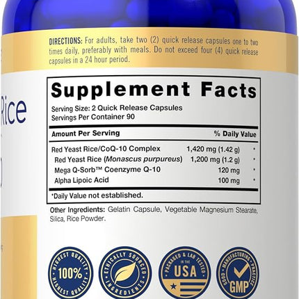 CoQ10 with Red Yeast Rice | 180 Capsules | Mega Q-Sorb 120mg & Red Yeast Rice 1200 mg | Non-GMO, Gluten Free Supplement | by Carlyle