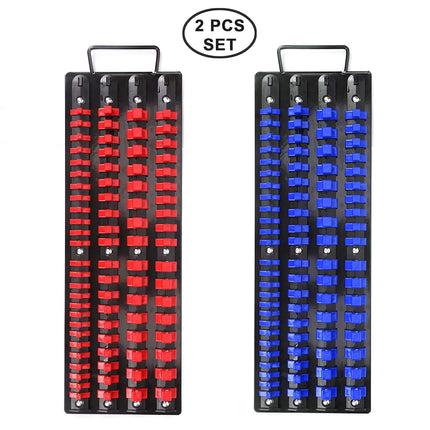 CASOMAN 80-Piece Portable Socket Organizer Tray, 2 Pcs Set, Blue & Red, 1/4-Inch, 3/8-Inch, 1/2-Inch,Heavy Duty Socket Organizer, Black Rails, Blue & Red Clips