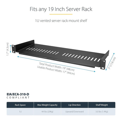 StarTech.com 1U Server Rack Shelf - Universal Vented Rack Mount Cantilever Tray for 19" Network Equipment Rack & Cabinet - Heavy Duty Steel - Weight Capacity 44lb/20kg - 7" Deep Shelf (CABSHELF1U7V)