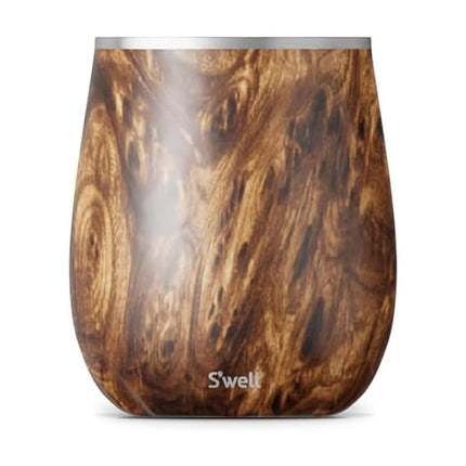 Vaso de vino de acero inoxidable S'well, 266 ml, diseño Teakwood, contenedor con triple aislamiento al vacío que mantiene las bebidas frías por más tiempo, copas sin BPA