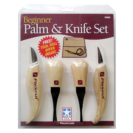 Flexcut Wood Carving Tools Beginner Palm & Knife Set KN600 | Includes Cutting Knife and Detail Knife Plus Two Palm Tools | 1095 High Carbon Steel Blades and Ergonomic Ashwood Handles