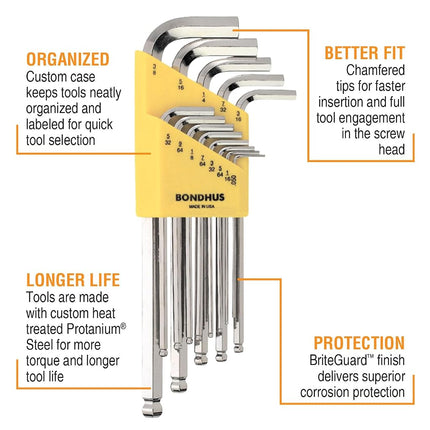 Bondhus 16937 BLX13B Briteguard Ballwrench Set 0.050"-3/8", Yellow, WS: .050-3/8"