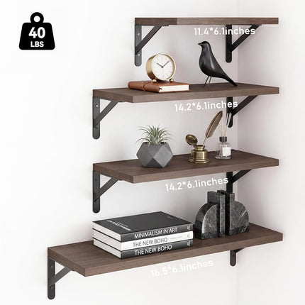 YGEOMER Floating Shelves for Wall, Different Sizes Walnut Wall Shelves for Living Room, Bathroom, Bedroom, Kitchen, Home Decor (Set of 4)