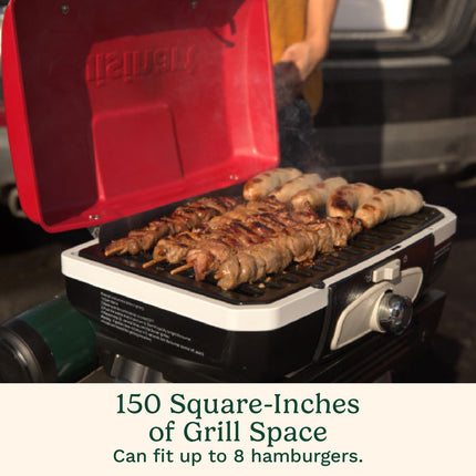 Parrilla de gas portátil Cuisinart Petite Gourmet con VersaStand®, barbacoa compacta pequeña de mesa, superficie de cocción de 150 pulgadas cuadradas, quemador de 5,500 BTU, base telescópica ajustable y asas de transporte (CGG-180C)