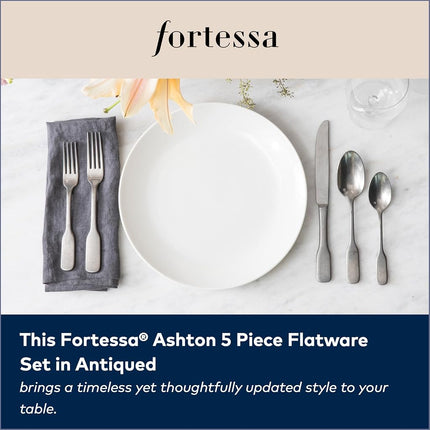 Fortessa Ashton Antiqued Flatware 5 Piece Place Setting, Stainless Steel