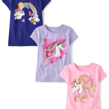 The Children's Place Girls' Butterfly Short Sleeve Graphic T-Shirts, Multipack, Rainbow/Unicorn Hearts/Horse 3-Pack, L
