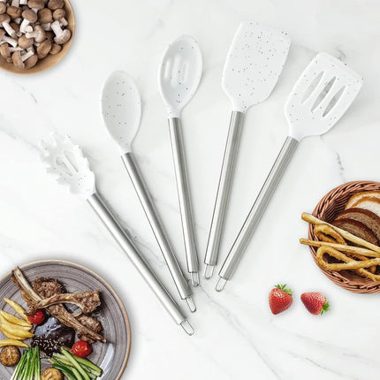 COOK WITH COLOR Silicone Cooking Utensils, 5 Pc Kitchen Utensil Set, Easy to Clean Silicone Kitchen Utensils, Cooking Utensils for Nonstick Cookware, Kitchen Gadgets Set (White Speckled)