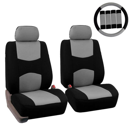 FH Group Car Seat Covers Flat Cloth Front Seats Only Gray Automotive Seat Cover, Airbag Compatible Universal Fit Interior Accessories Cars Trucks SUV Combo Steering Wheel Cover & Seat Belt Pads