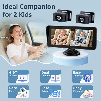 Baby Car Camera for 2 Kids: 6.9" Ultrawide Display, Dual Rear-Facing HD 1080P Cameras, Night Vision USB Powered, Easy-Install Backseat Monitor, Baby Car Mirror – Newborn Essentials & Baby Shower Gifts
