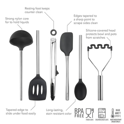 Tovolo 6-Piece Premium Silicone Utensil Set (Black): Essential Kitchen Tools | Sturdy Utensils for Home, Apartment, or College Dorms