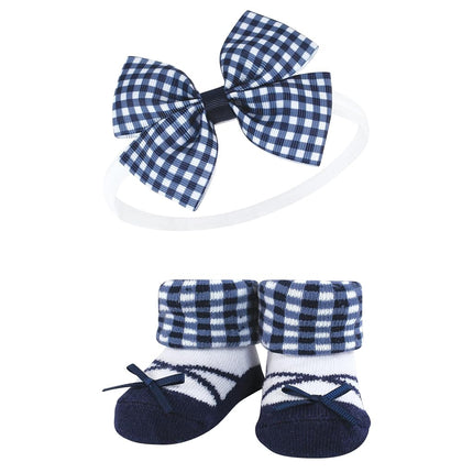 Hudson Baby baby-girls Headband and Socks Giftset, Navy Gingham, One Size