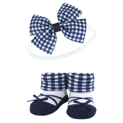 Hudson Baby baby-girls Headband and Socks Giftset, Navy Gingham, One Size