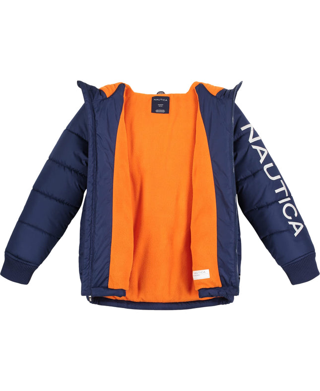 Nautica Boys' Heavy Weight Hooded Bubble Jacket with Polar Fleece Lining, J Navy/Orange, 4