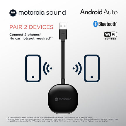 Motorola Ma1 Wireless Android Auto Car Adapter – Easy Setup, Instant Connection, USB Plug-in with Secure Gel Pad