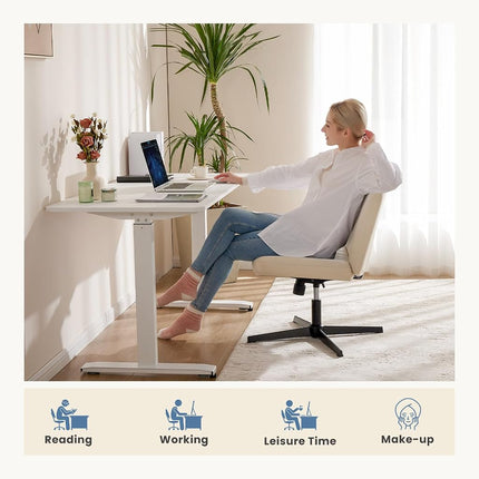 DUMOS Desk Chair No Wheels, Criss Cross Chair Wide Cross Legged Office Desk Vanity Chair, PU Leather Armless Adjustable Swivel Chairs for Home Computer Task Beige