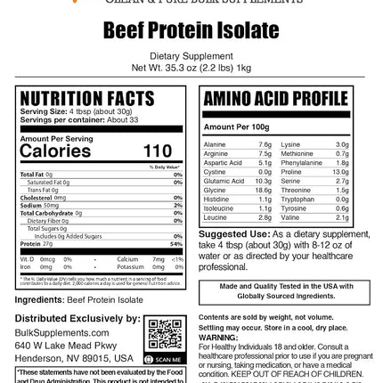 BulkSupplements.com Beef Protein Isolate Powder - No Sugar Added, Gluten Free, Lactose Free Protein Powder, Keto Friendly - 25g of Protein - 30g per Serving (1 Kilogram - 2.2 lbs)