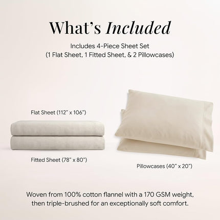 Parure de draps de luxe en flanelle unie à poches profondes Tribeca Living, Ivoire, Très grand lit