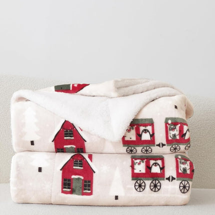 Elegant Comfort Reversible and Ultra-Plush Flannel Fleece-Winter Christmas Sherpa Throw- Lightweight Soft and Cozy-Holiday Decorative Throw, Perfect for Lounging, 50 x 60 inches, Santa Train