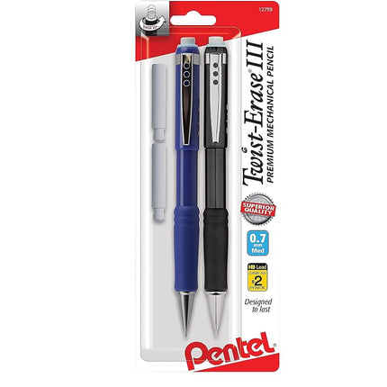 Pentel� Twist-Erase� III Mechanical Pencils, 0.7mm, Assorted Barrel Colors, Pack Of 2 Pencils