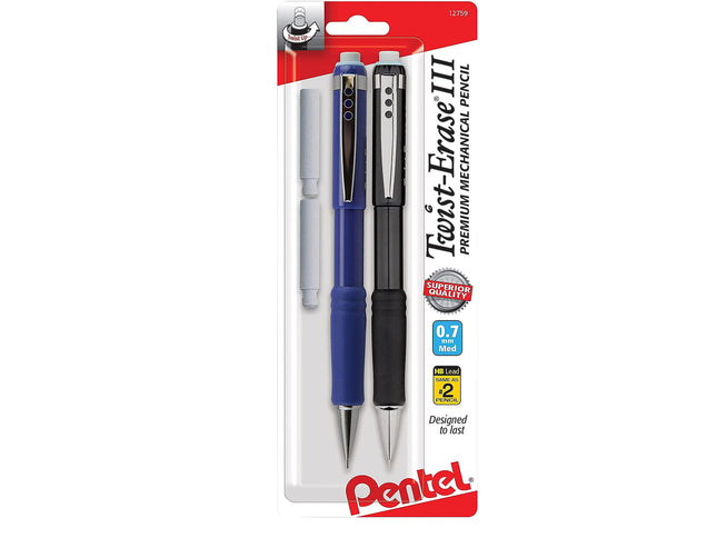 Porte-mines Pentel® Twist-Erase® III, 0,7 mm, couleurs de corps assorties, paquet de 2 porte-mines