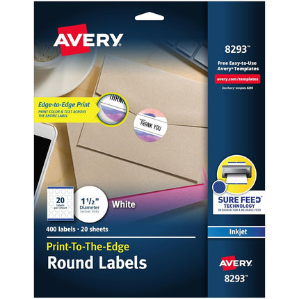 Avery High Visibility Printable Round Labels with Sure Feed, 1.5" Diameter, White, 400 Customizable Blank Labels Total (8293)