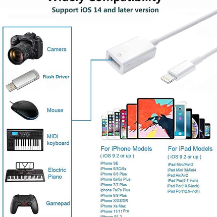 Apple Lightning to USB Camera Adapter, USB 3.0 OTG Cable for iPhone/iPad to Connect Card Reader, USB Flash Drive, U Disk, Keyboard, Mouse, Hubs, MIDI, Plug & Play (White)