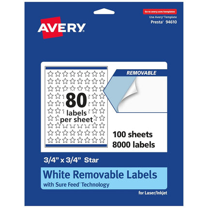 Étiquettes étoile amovibles Avery blanches mates avec technologie SureFeed, imprimables jusqu'au bord, 1,9 cm x 1,9 cm, 8 000 étiquettes amovibles, imprimables laser/jet d'encre