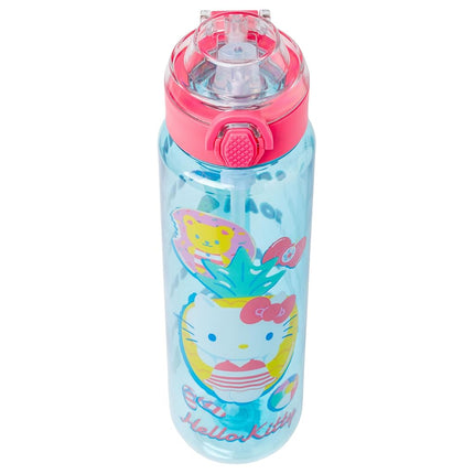 Silver Buffalo Sanrio Hello Kitty Pool Party Plastic Blue Water Bottle with Locking Lid, Strap, and Hydration Tracker, 33 Ounces