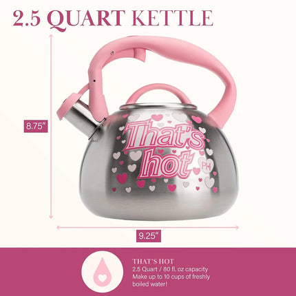Paris Hilton Whistling Stovetop Tea Kettle, Stainless Steel with Color Changing That's Hot Heat Indicator Design, Soft Touch Handle, 2.5-Quart, Pink