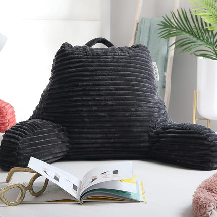 Clara Clark Cut Plush Striped Reading Pillow for Kids & Teens, Back Support Pillow, Shredded Memory Foam Bed Rest Pillow with Arms, Medium, Dark Grey