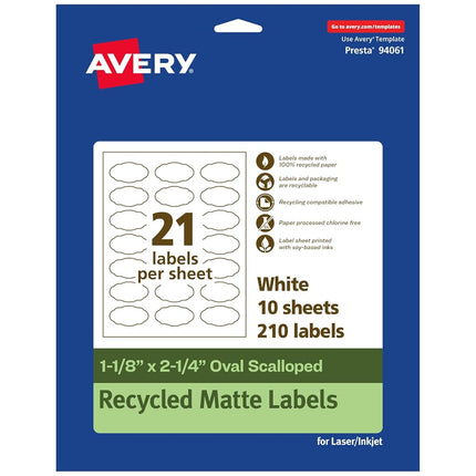 Avery EcoFriendly Matte White Recycled Oval Scalloped Labels, 1-1/8" x 2-1/4", Print-to-The-Edge, Matte White Labels, Permanent Label Adhesive, Laser/Inkjet, 210 Printable Labels